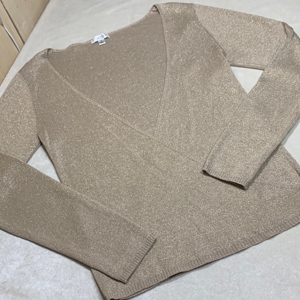 Cache EUC faux wrap gold metallic sweater women’s med. v-neck crossover silk